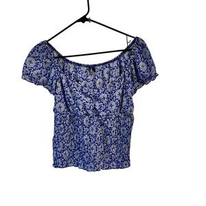 Heart and Soul Floral Blue Women's Top Elastic On Bottom And Sleeve Flattering